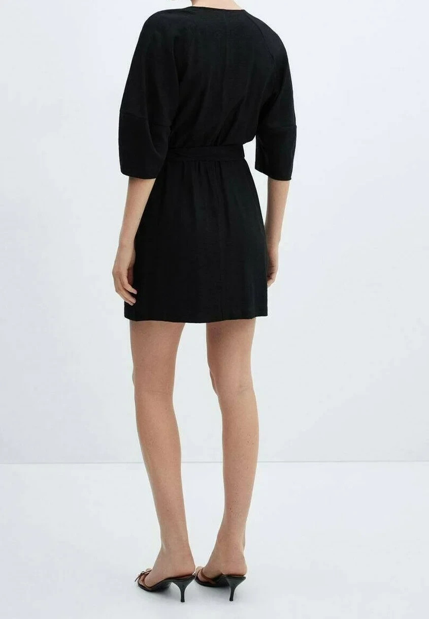 Black bow wrap belted half-sleeve short viscose dress Mango 10 BNWT £35.99