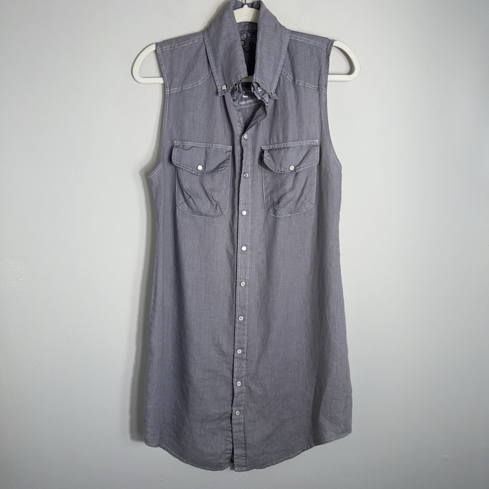Pete & Greta-Johnny Was Sleeveless Linen Dress-Pearl Snap Front-Linen-Gray-Small