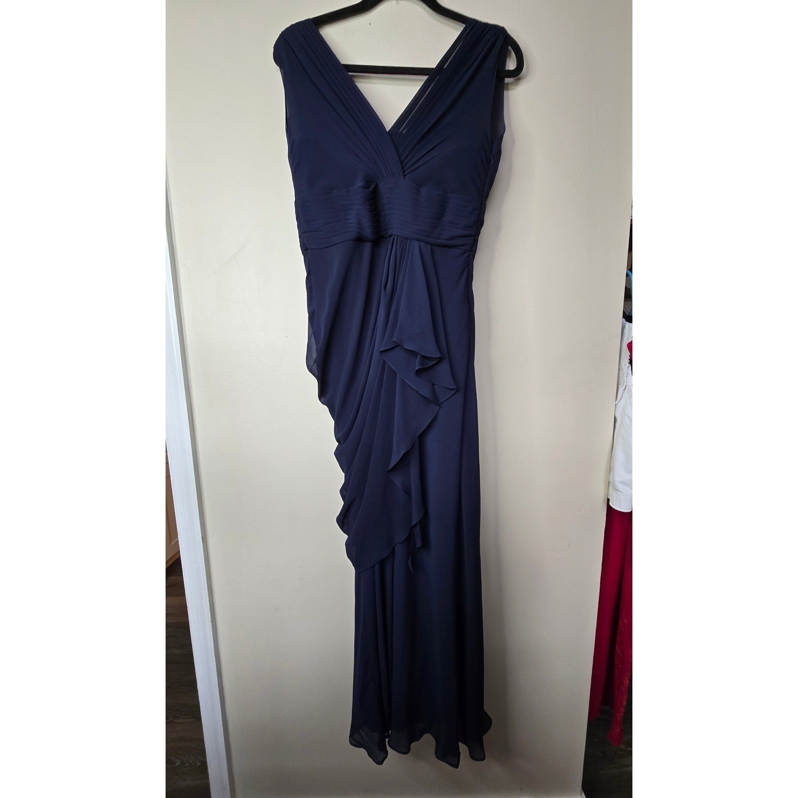 Watters & Watters Navy Blue Draped Chiffon Formal Gown Dress womens 14