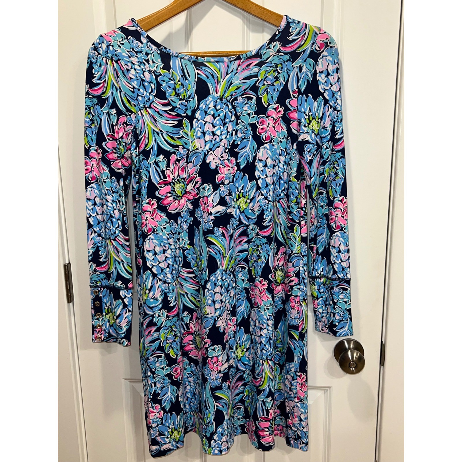 Lilly Pulitzer Floral Long Sleeve Button Cuff Dress Colorful Size S Pineapple