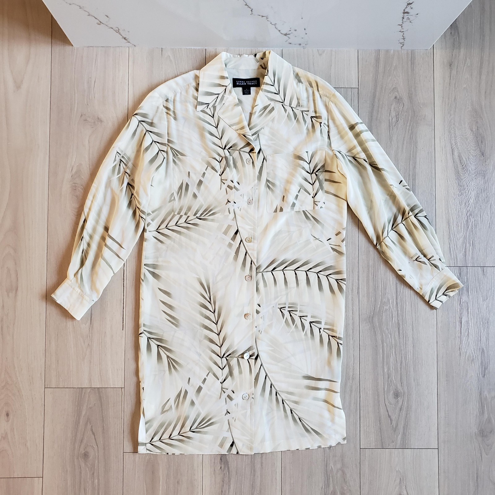 Linda Allard Ellen Tracy Dress Womens 6 White Silk Shirt Palm Print Tropical