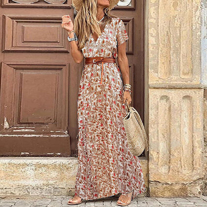 Women’s temperament commuter fashion printed Bohemian V-neck Floral Dress