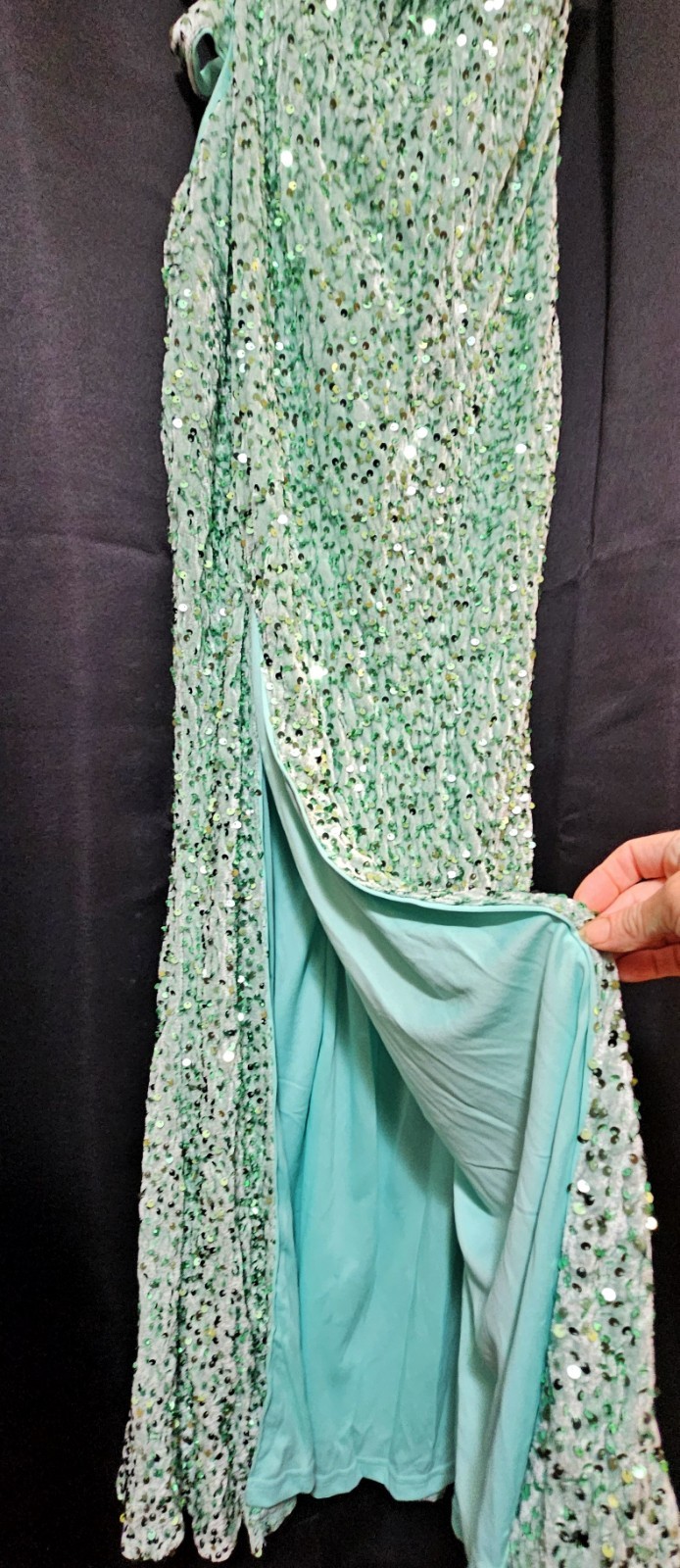Green Solid Sequin One-Shoulder Sleeveless Long Lined Side Slit Gown Size S