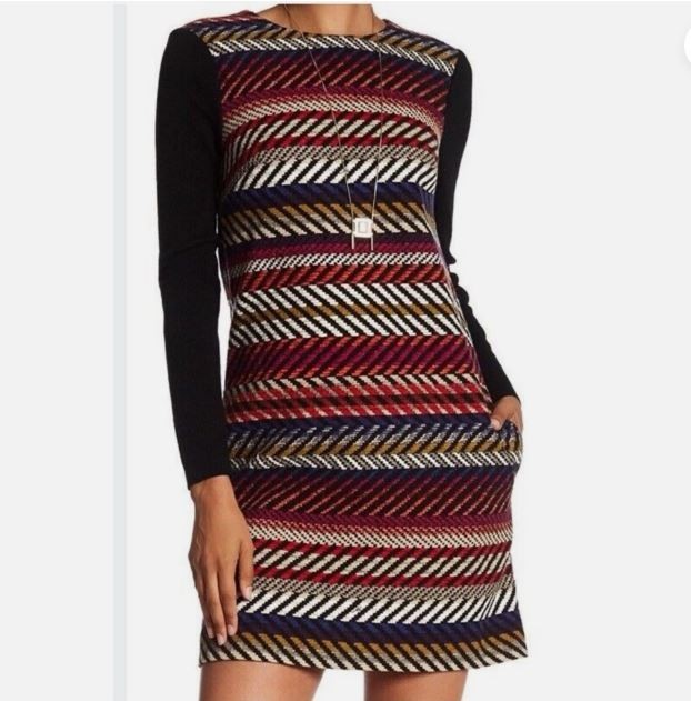Trina Turk Chapin Kingscoat Dress Stripe Tweed Knit Long Sleeve Sz 6 Lined