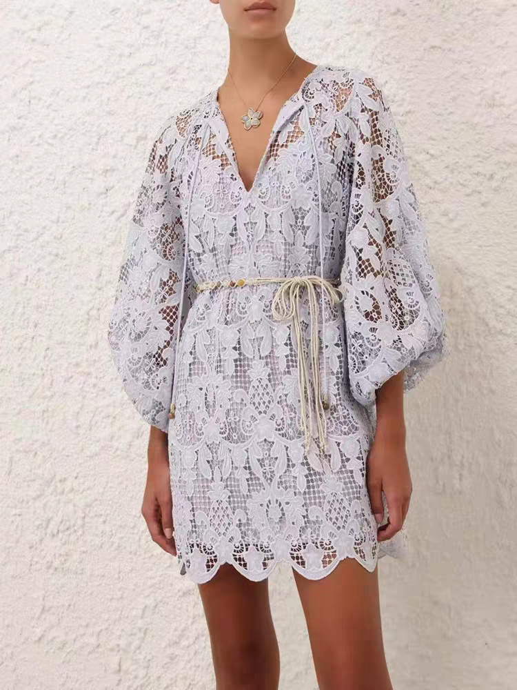 Zimmermann 2026 Resort Cutout Embroidered Lace Puff Sleeve Straight Mini Dress