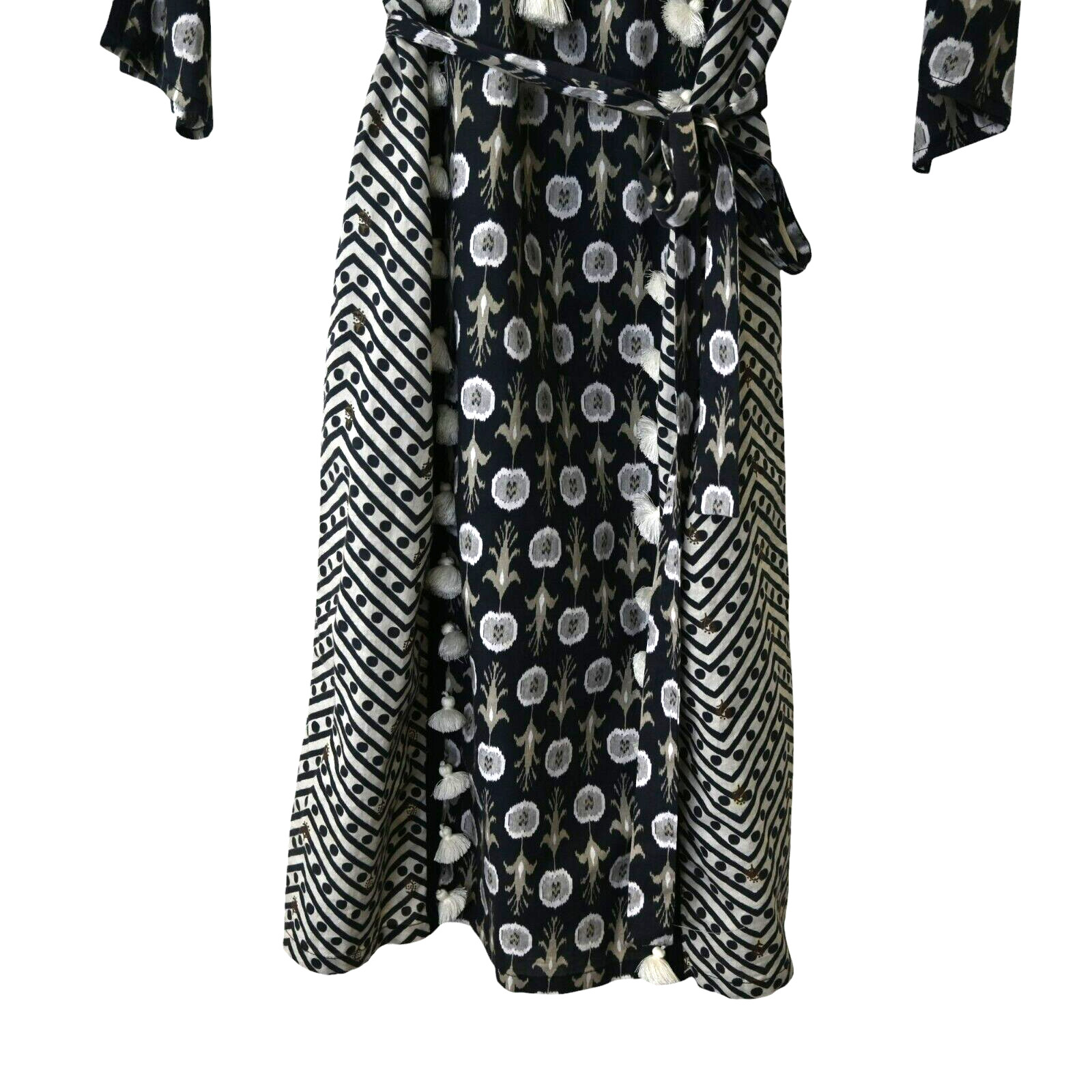 Figue Dress Size Medium Black Tan Knee Length 3/4 Sleeve Tasseled Bohemian