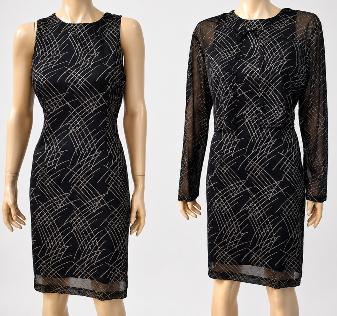 Harlow Chic Petite Cocktail Dress Jacket Set 14P Black Silver Mesh Evening $188