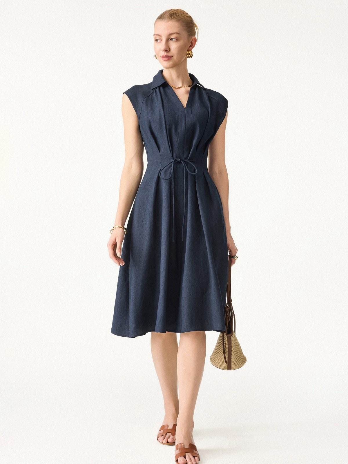 OGLMOVE Viscose-Linen Collared V-neck Midi Dress with Drawstring, Navy