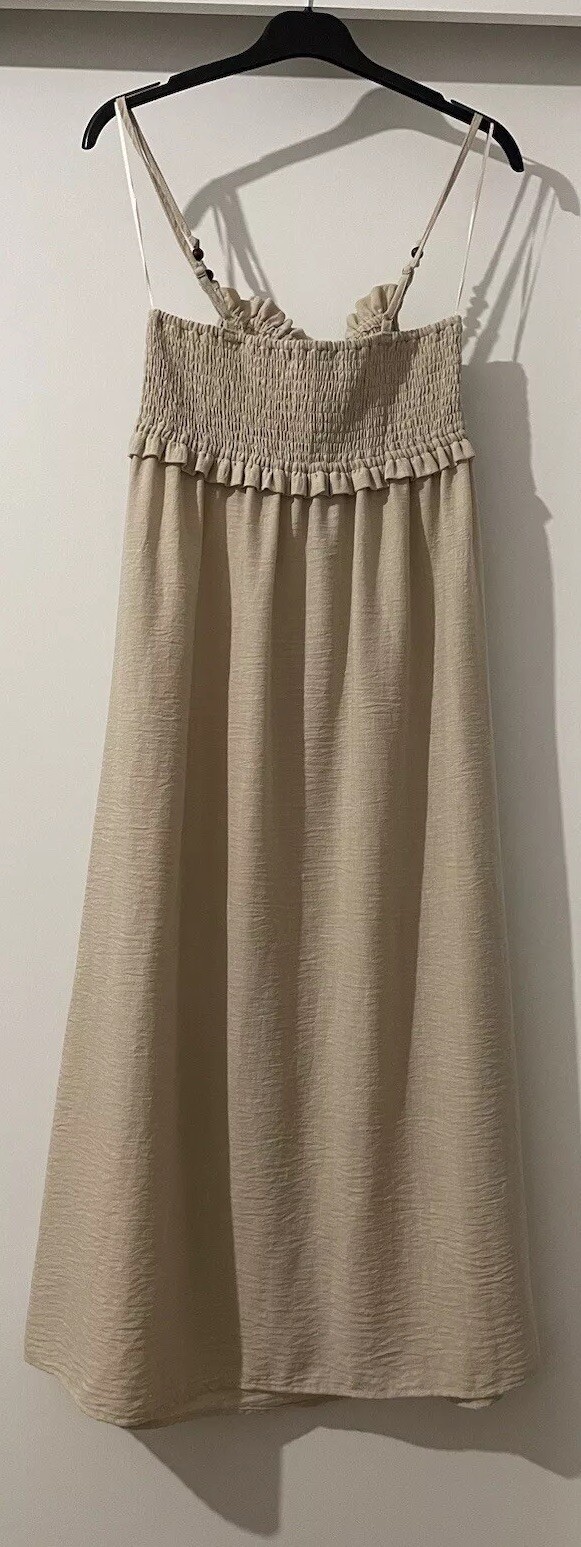 ZARA LIGHT CAMEL SMOCKED TOP THIN STRAPS MIDI DRESS SIZE M BNWT