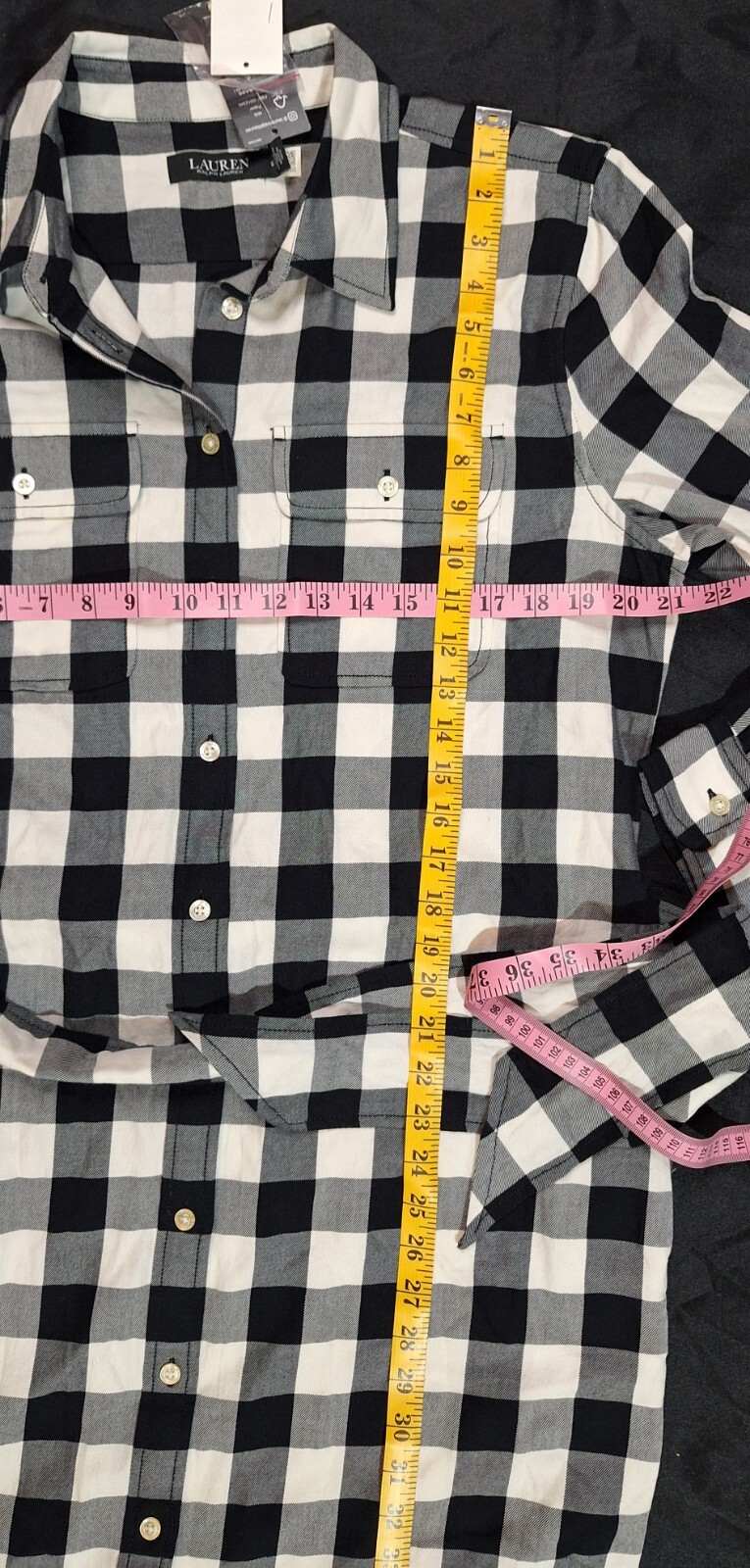 Ralph Lauren Women Black And White Plaid Flannel Dress Size 12 Side Pockets
