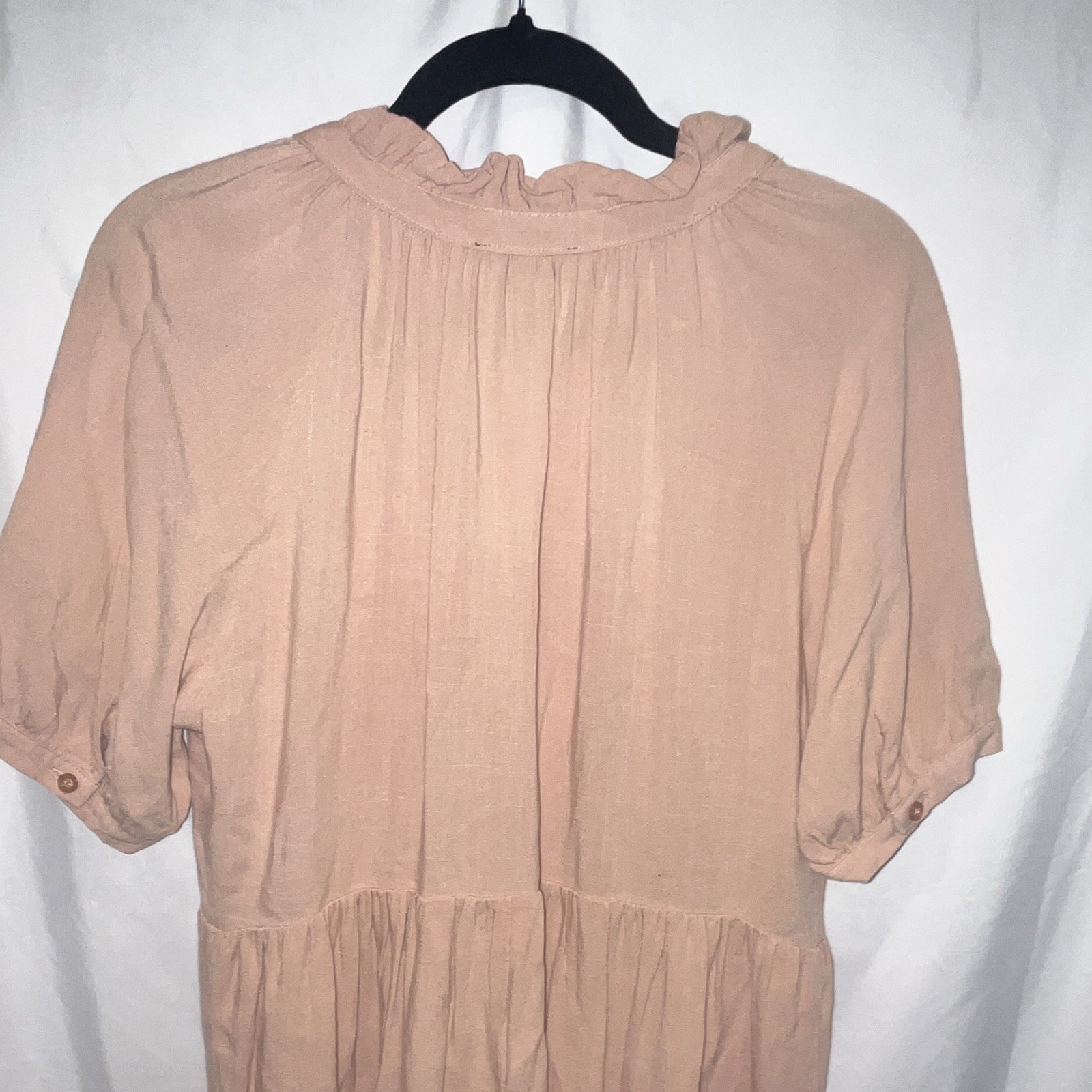 Very J Solid Beige Short A-Line Dress S V-Neck Short Sleeve Ruffle Accents