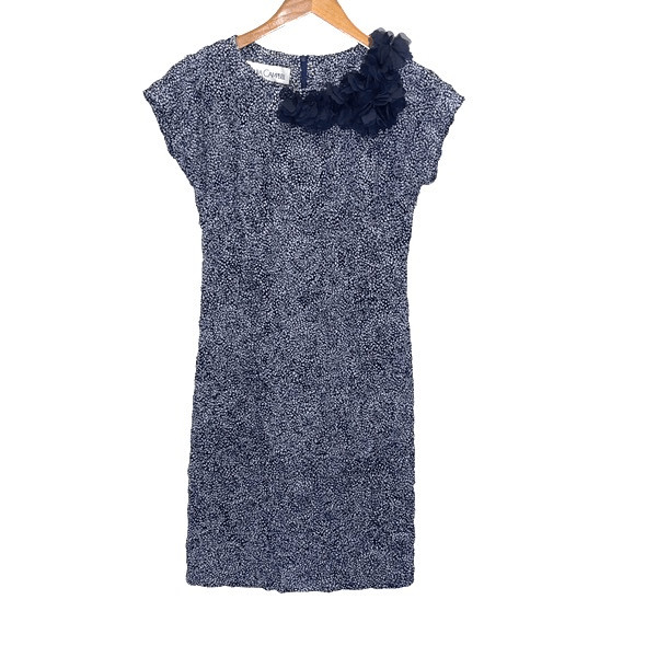 Sara Campbell Raised Rosette Crepe Dress Navy White Pattern W/Applique accent at