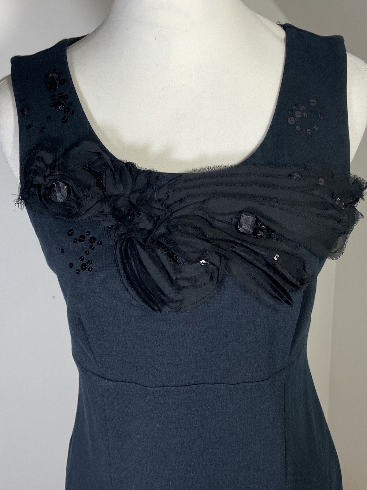 Next Shift Dress Beaded & Sequin Size 12 Black Cocktail Jersey Open Back Fitted