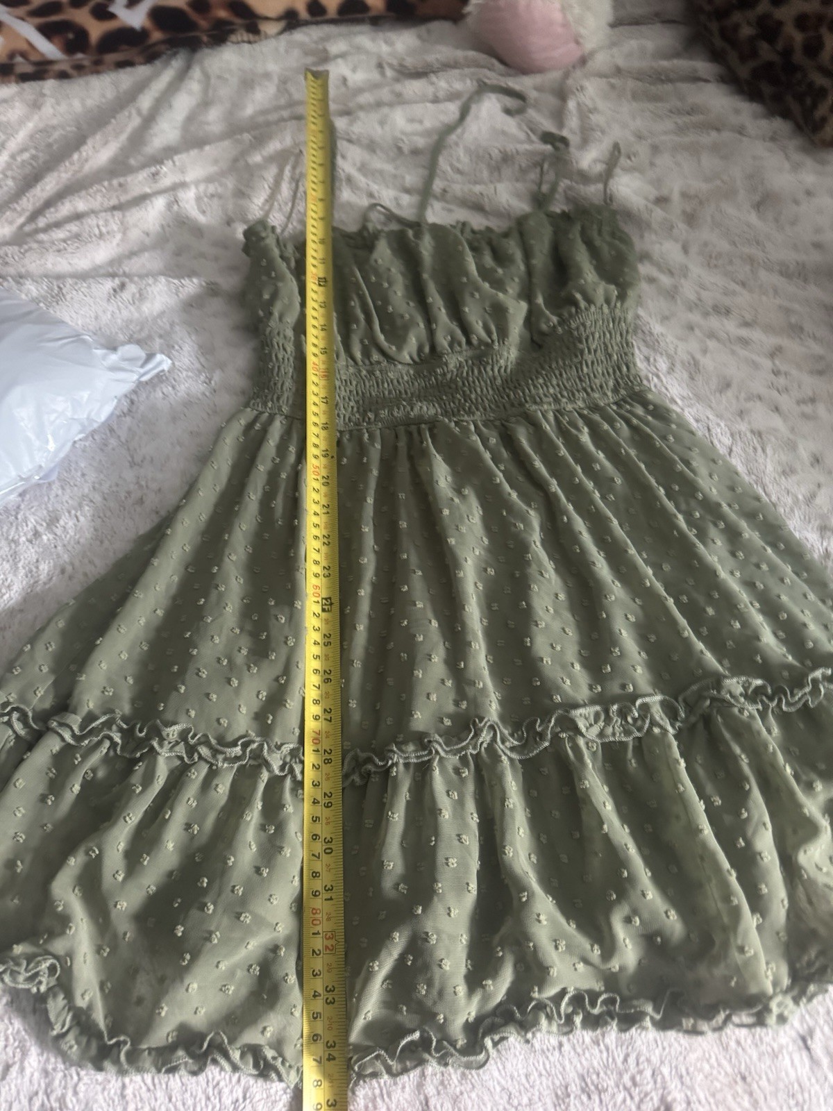 Francesca’s-Blue Rain Mini Dot Dress- Sz M OliveGreen Rouched Waist-Fit & Flare