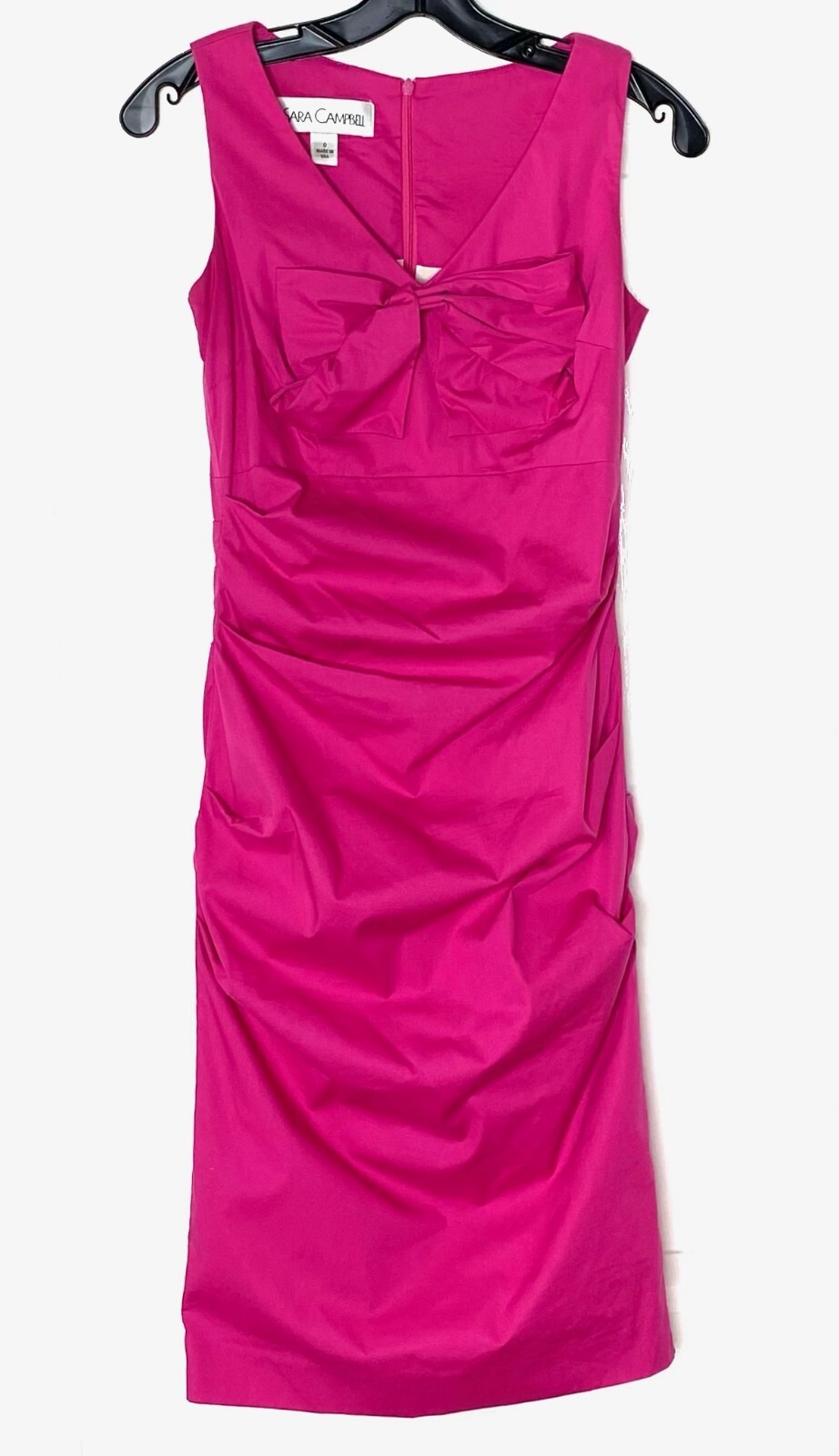 SARA CAMPBELL Fuchsia Pink Barbie Ruched Pleated Bow Cocktail Mini Dress 0 = XS