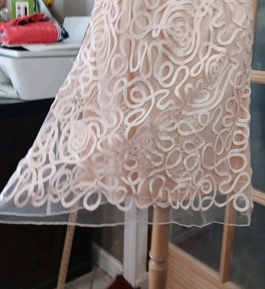 Cinderella Divine Cocktail Dress Ribbons Sequins Beads Overlay Peach Knee NWoT
