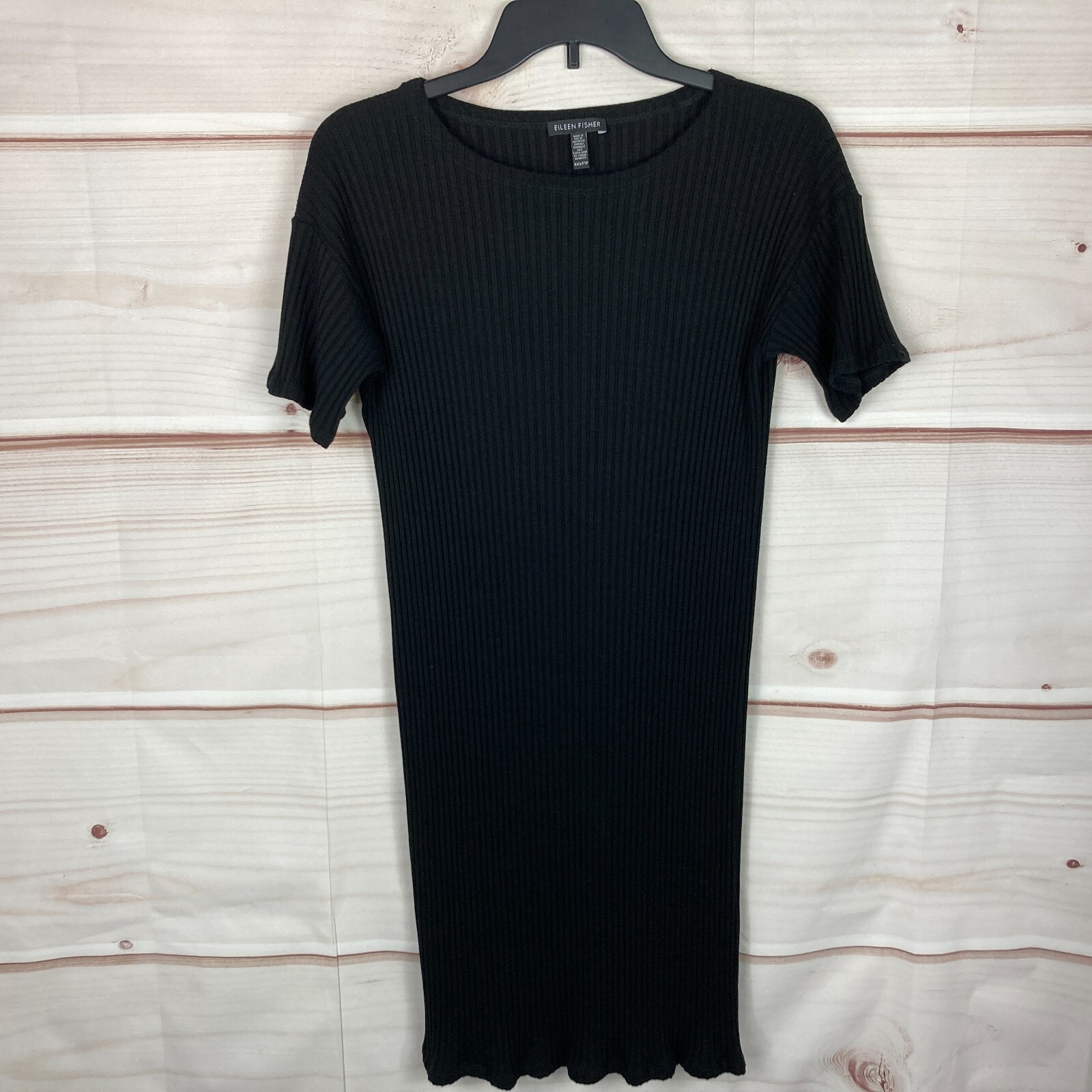 Eileen Fisher Dress Womens XXS Black Rib Knit T-Shirt Short Sleeve Slim Fit Knit