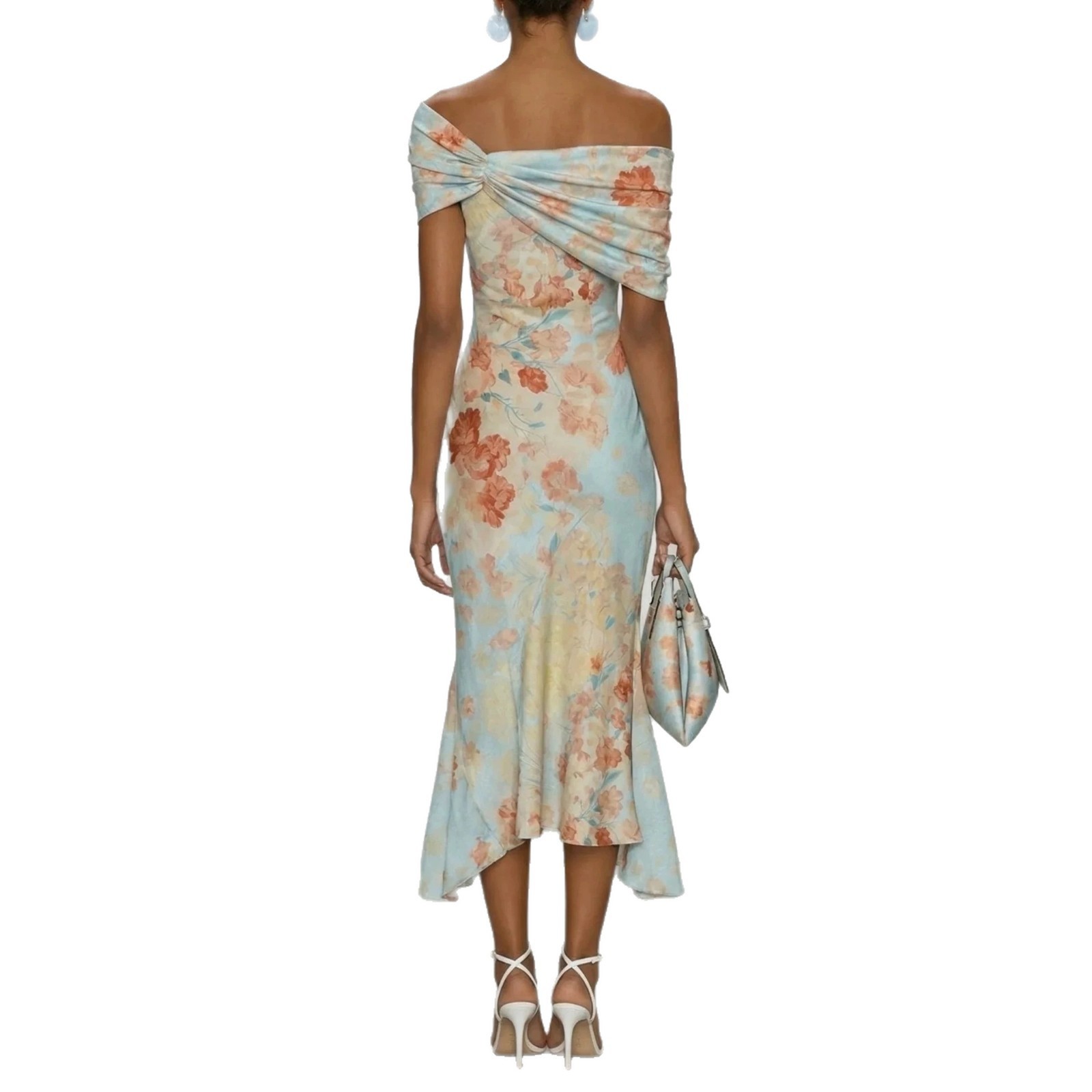 Digital Print Off-Shoulder Short Sleeve Floral Elegant Long Dress