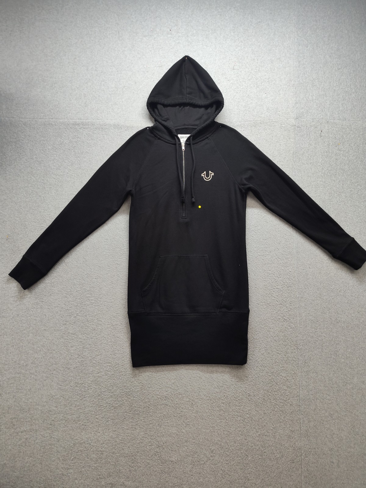True Religion Women Sweater Dress L Black Hooded Pockets 1/4 Zip Logo Casual