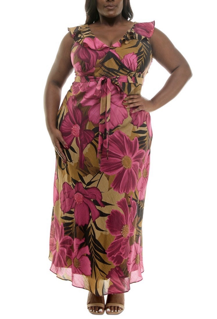 Taylor Plus Size Ruffled Sleeveless a-Line Dress – Taupe Fuchsia