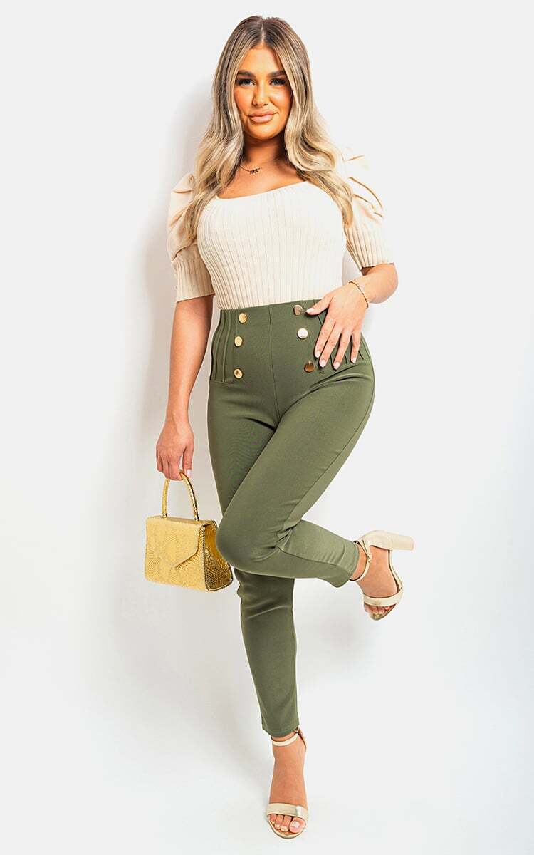Womens Trousers High Waisted Button Detail Casual Stretch Full length Pants