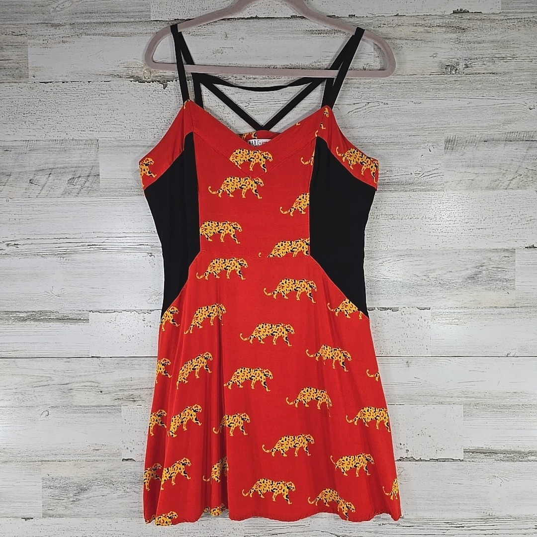 MADE for Impulse Red Cheetah Print Dress SZ L Rayon Crisscross Back Fit & Flare