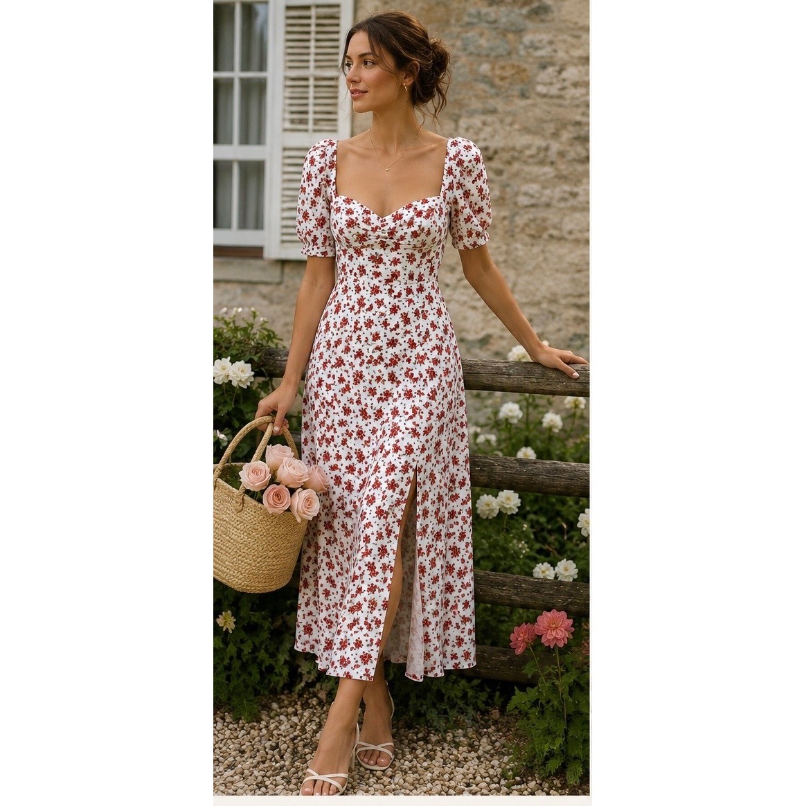 Danielle Bernstein Floral Midi Dress Rose Slit 0 Cottagecore Coquette Picnic