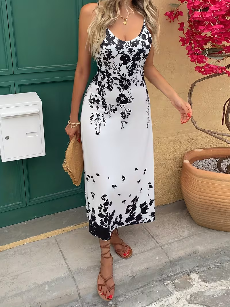White Tropical Floral Maxi Dress Elegant Vacation Business Party Chic