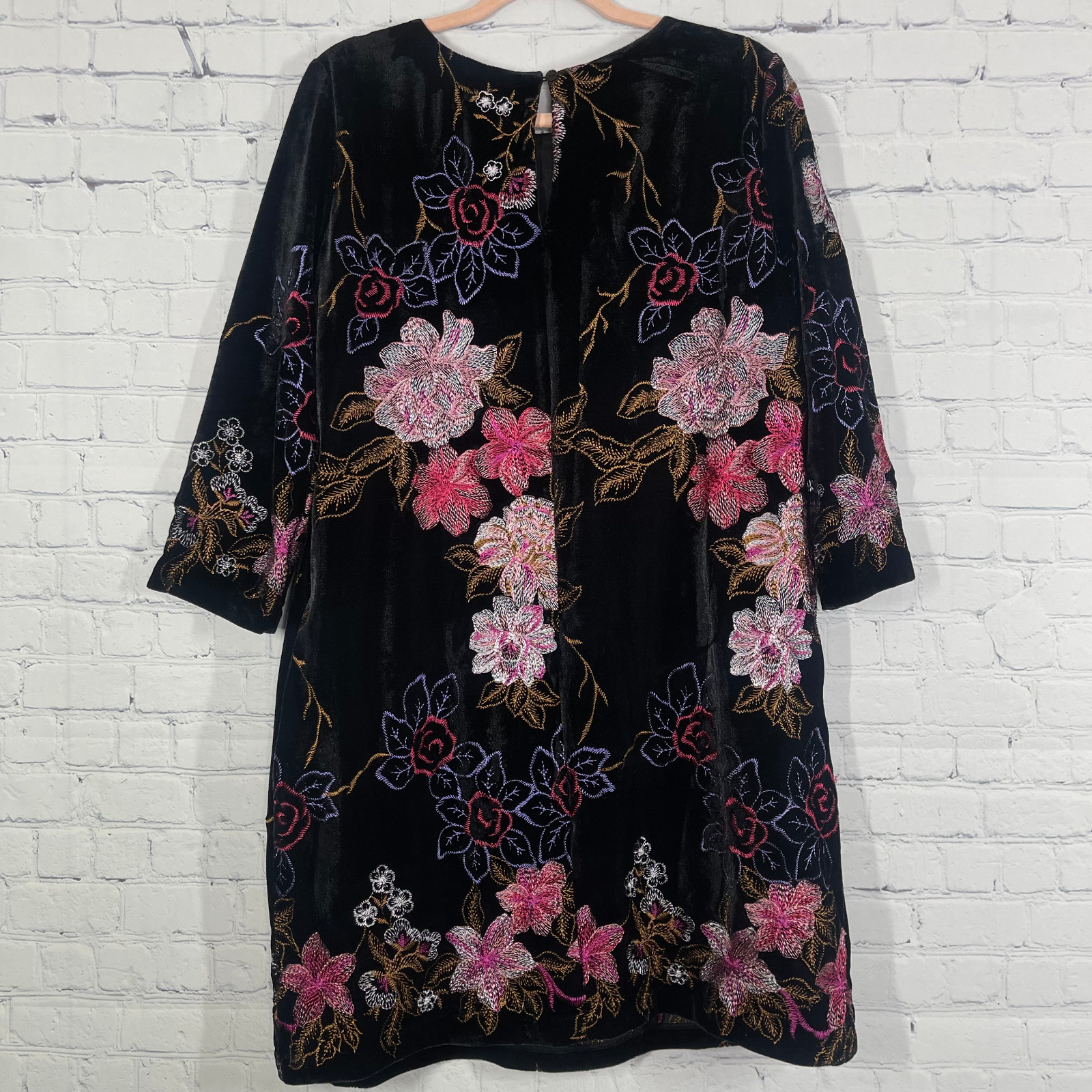 Beige Eci Dress Women Size 8 Pullover Velvet Floral Whimsygoth Embroidered