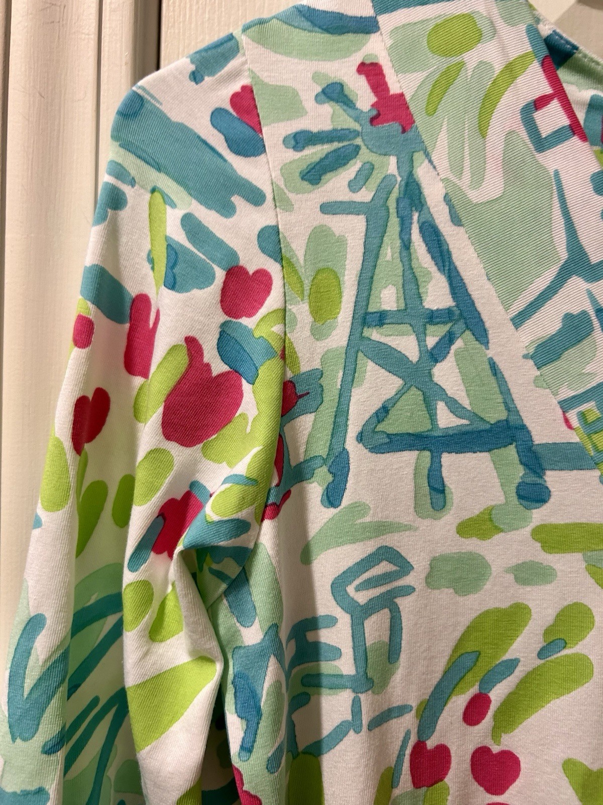 BARBARA GERWIT White Aqua Blue Green Pink Dress S Summer Holland Windmill Tulips