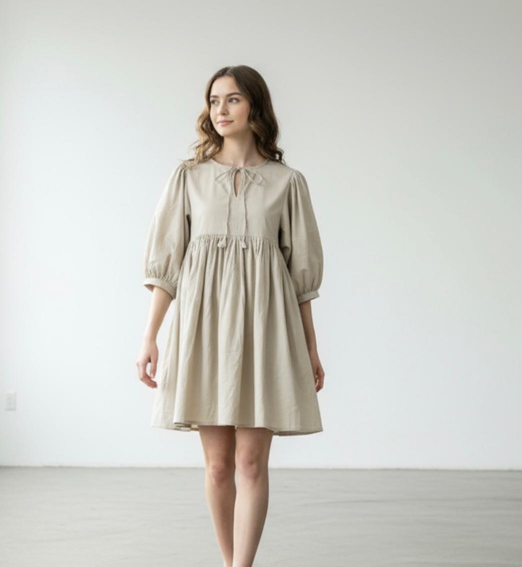 Simple Solid Color Dress | Loose Fit Puff Sleeve Summer Wear