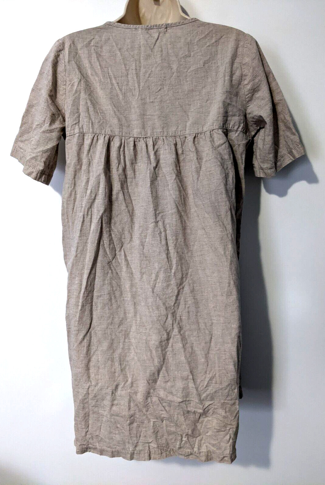 Eco Romantic Women’s Button Front Dress Flax Color Short Sleeve 100% Cotton EUC