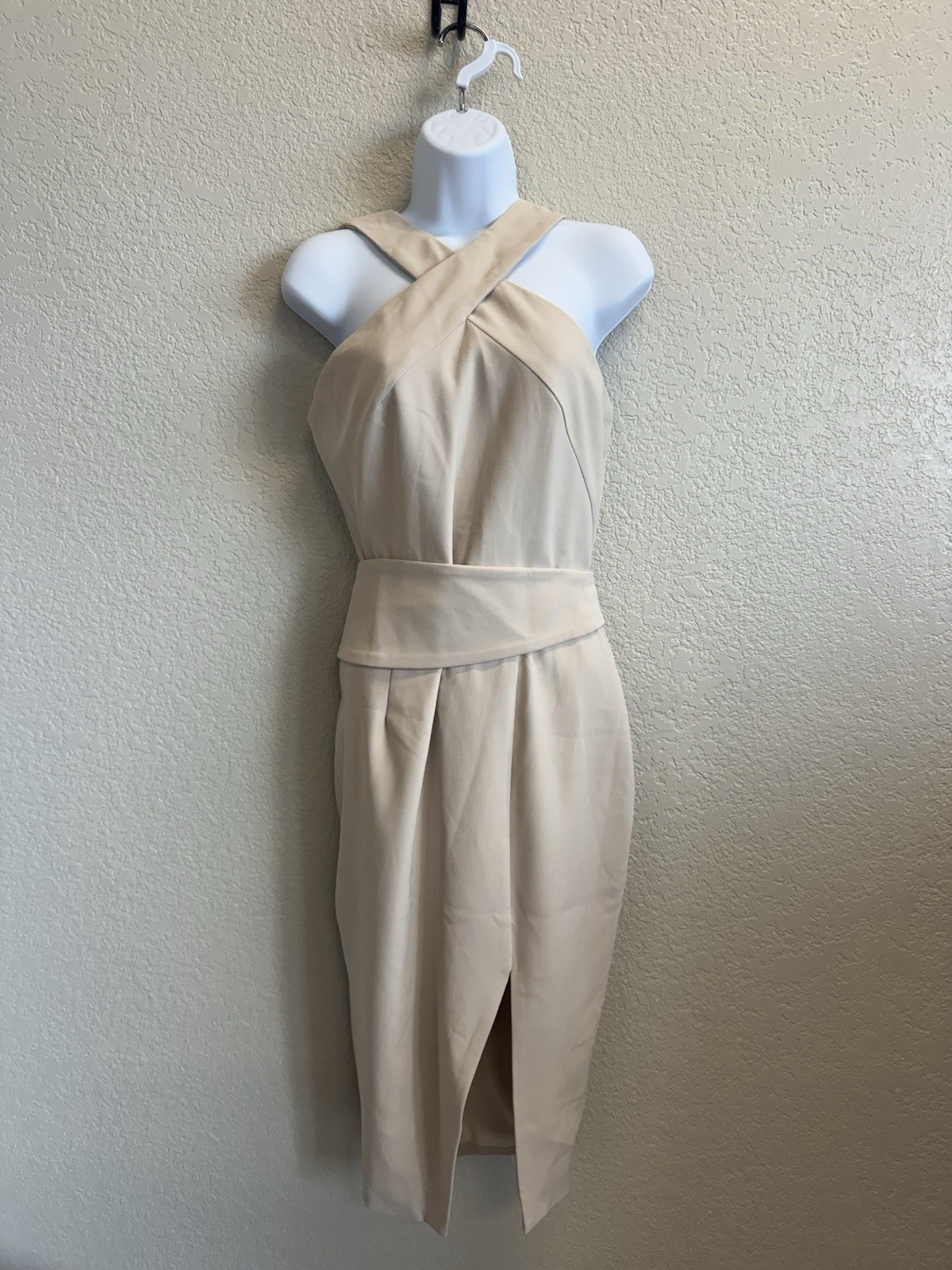 Lavish Alice Beige Asymmetrical Sheath Belted Knee Dress Sleeveless Size 8