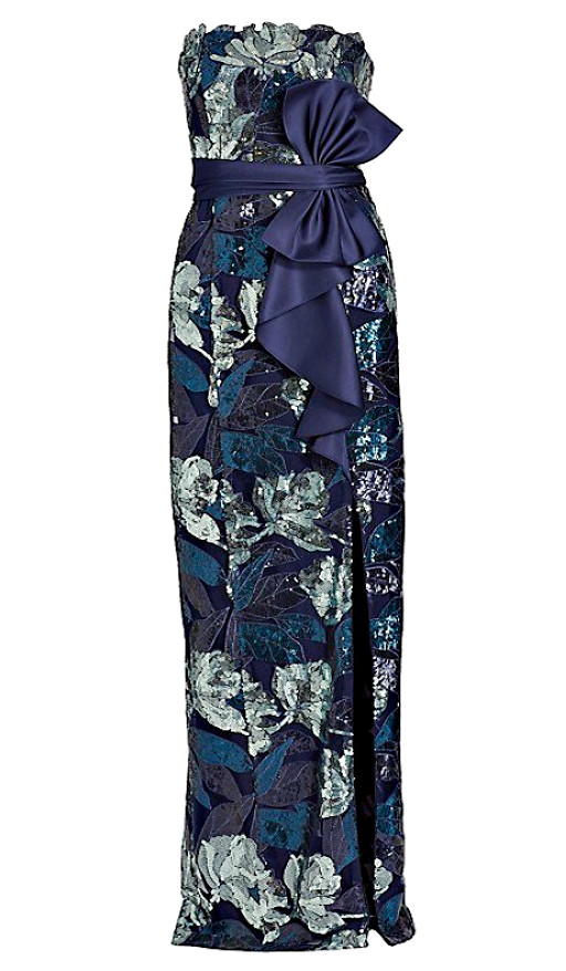 Marchesa Notte Navy & Silver Sequin Mikado Bow Gown With Deep Slit sz 6 $995