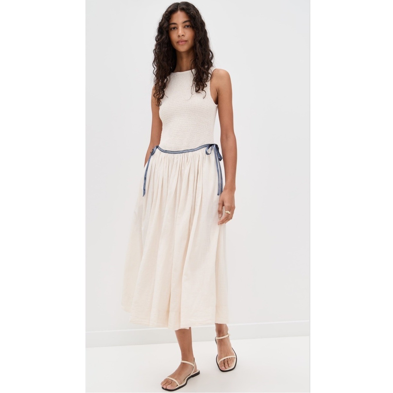 Free People Nightingale Smocked Seersucker Midi Dress in Tea Navy Combo New!