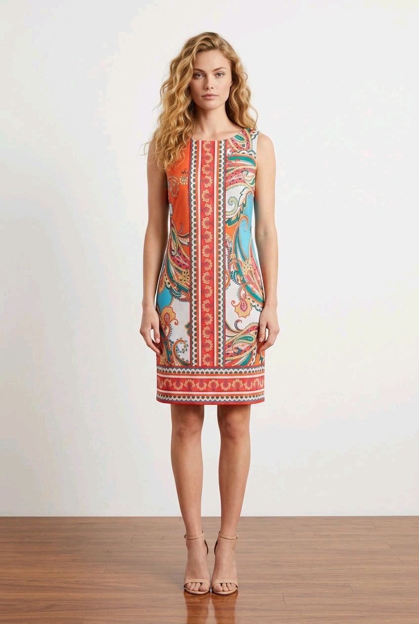 Karin Stevens Paisley Shift Dress M Sleeveless Orange Blue Resort Summer Travel