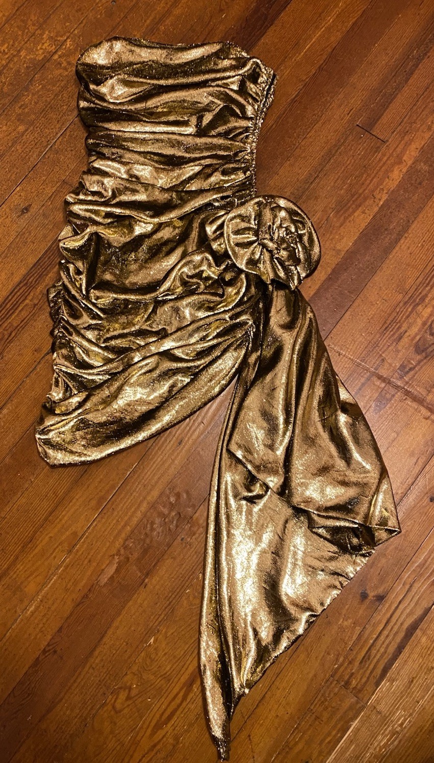 VTG Hollywood Metallic Liquid Gold Lame Mini 80s Ruched Long Sash Dress XS/S