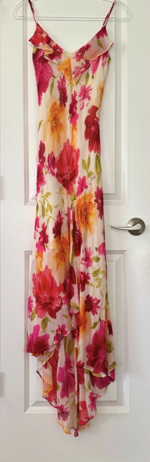 Vintage Asymmetric Y2K Fairy Mermaid Beach Floral Maxi Silk Beaded Dress Size 8