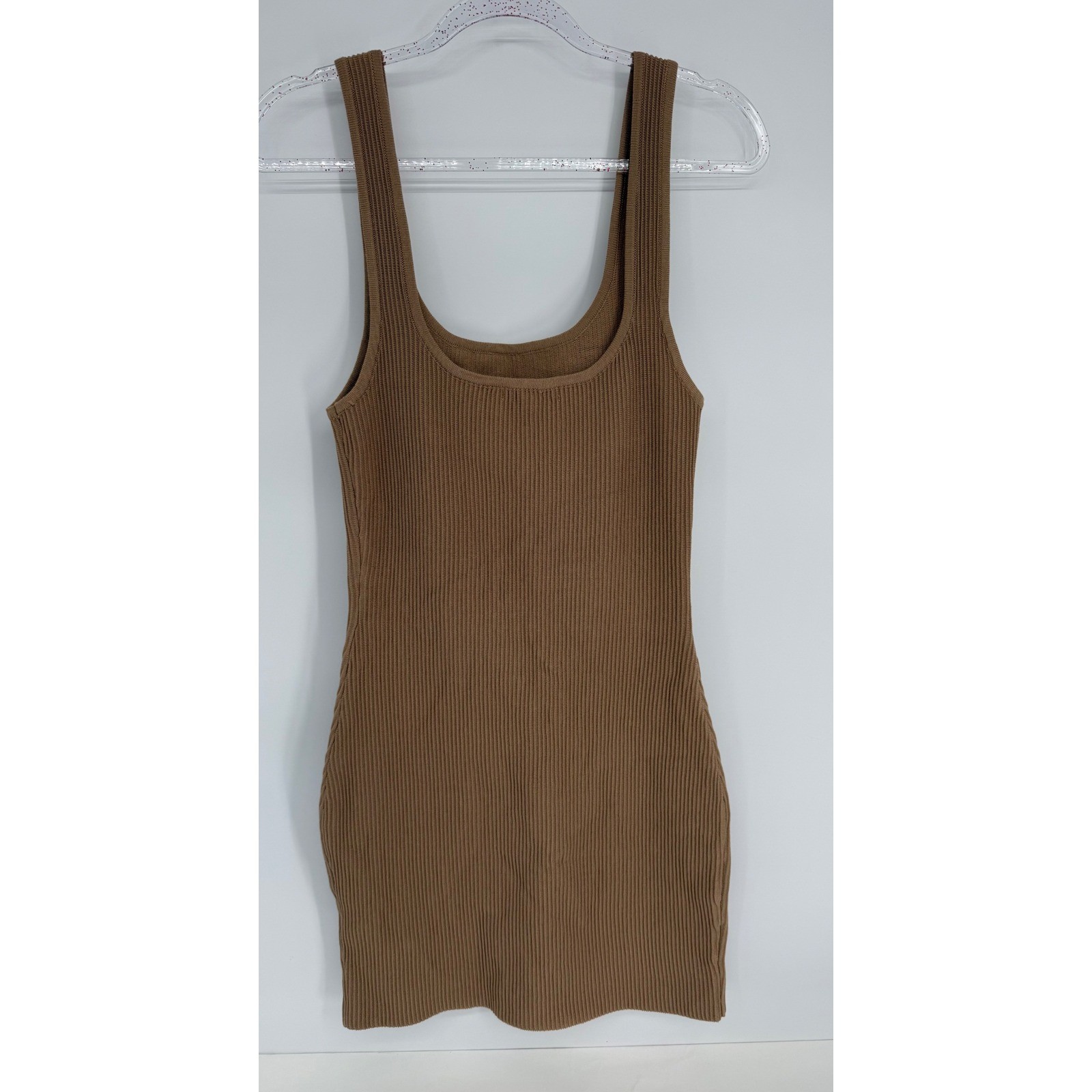 Love Tree Brown Ribbed Knit Bodycon Mini Dress Scoop Neck Tank Sz M