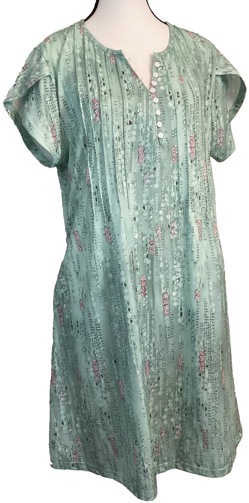 Short Sleeved Henley Neck Cap Sleeve Mint Green Floral Mini Dress Shift Large