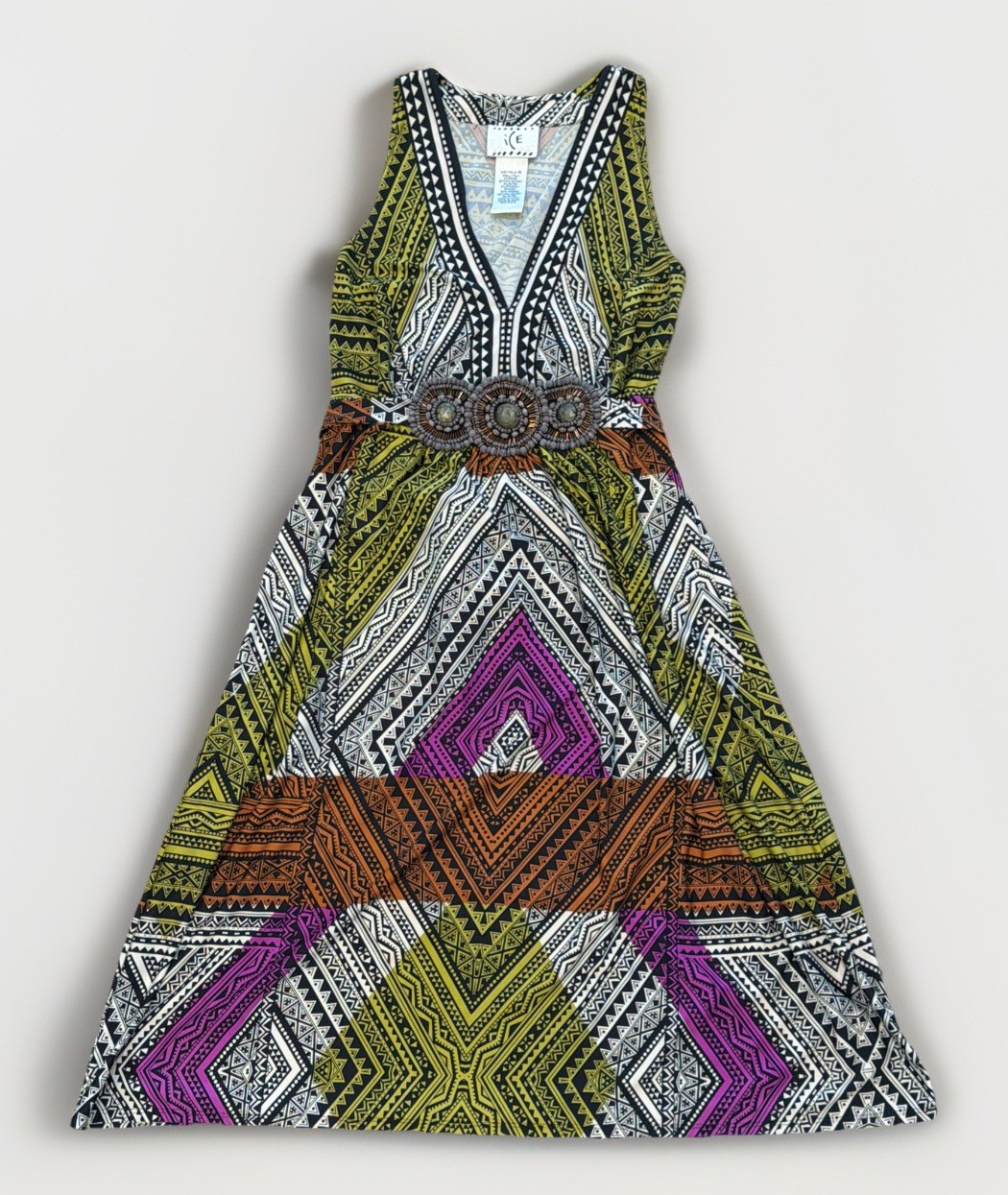 ICE Boho Tribal Racerback Maxi Dress Tie Waist Stretch Womens Medium Geometric