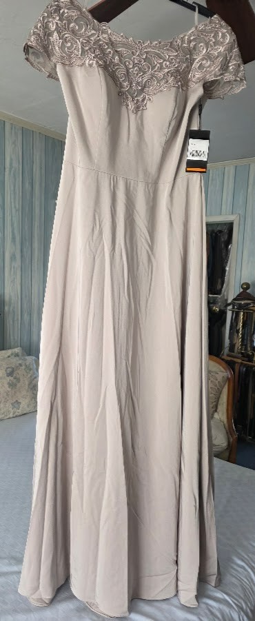 La Femme Bateau A-Line Evening – Silver Taupe Size 12 NWT $398