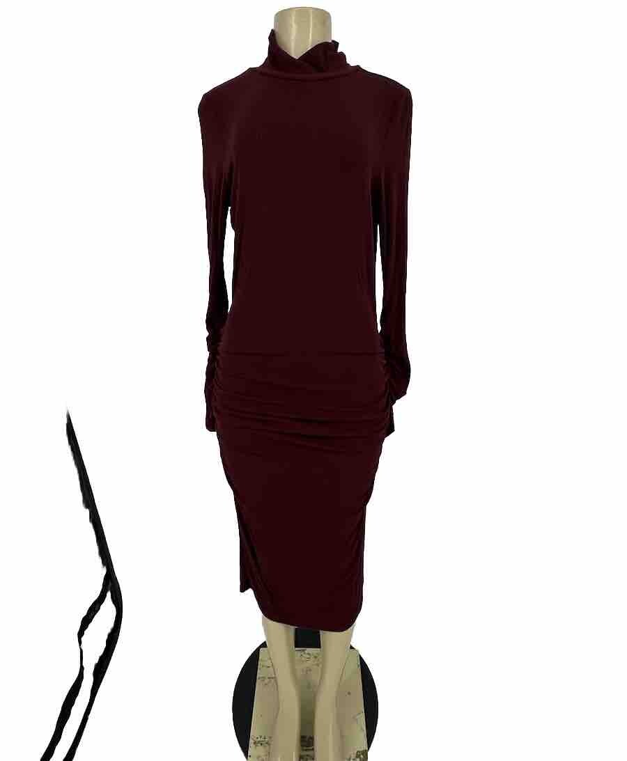 Sanctuary Wine Burgundy Bodycon Ruched Turtleneck Ribbed Midi Dress 35-23