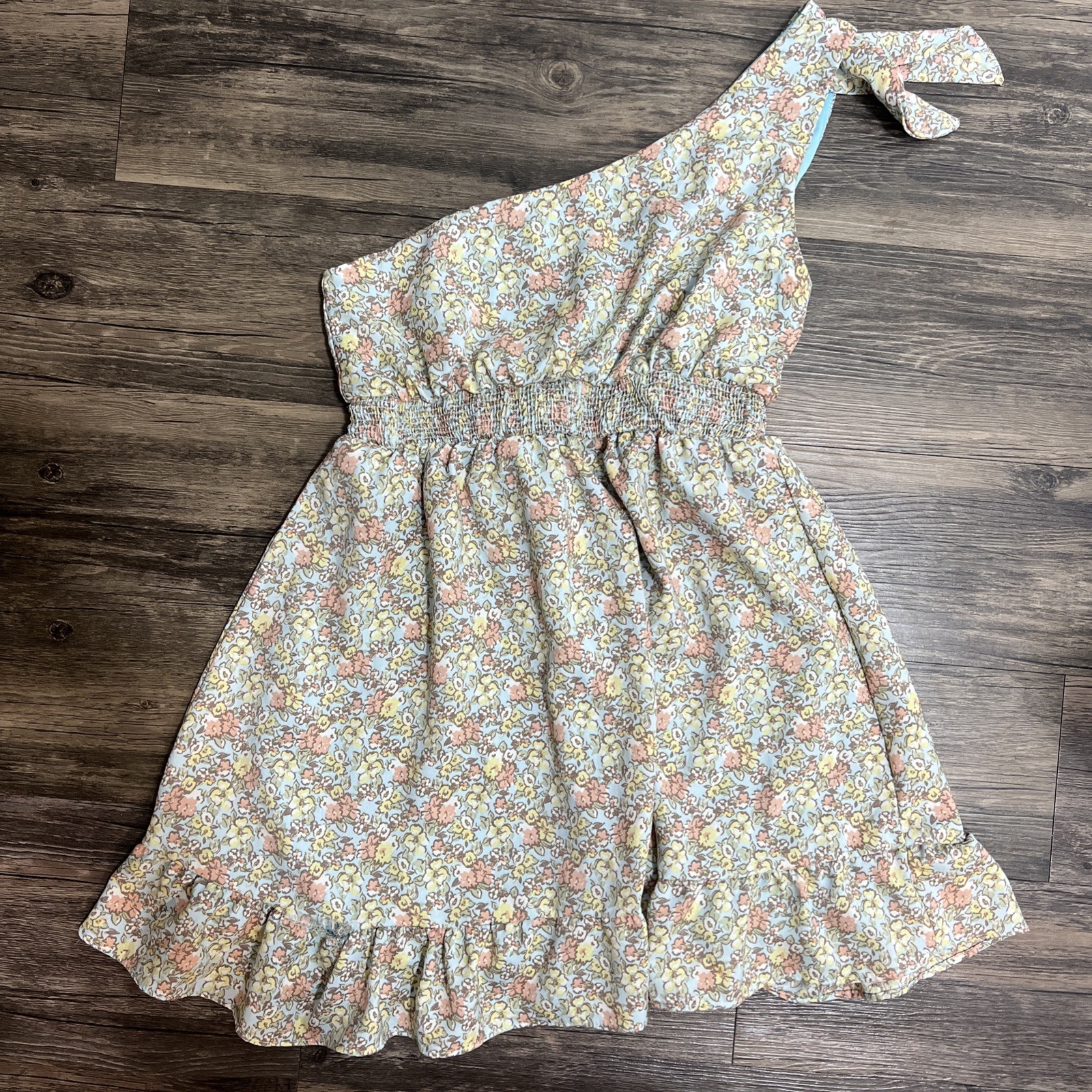 Altar’d State Medium One Shoulder Floral Mini Dress Smocked Waist Ruffle Hem