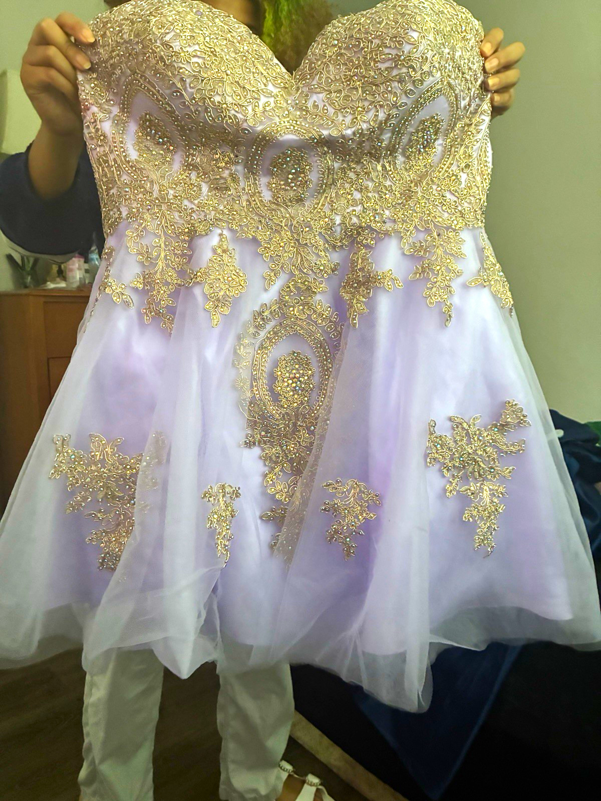 Lavender Gold Tulle Corset Mini Dress Sweetheart Strapless Beaded Lace Up