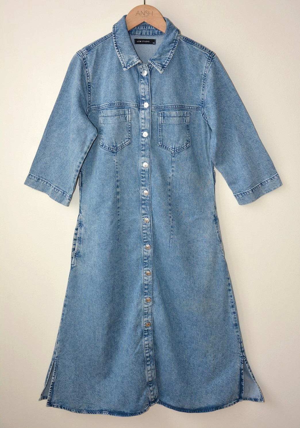 BLUE ACID WASH DENIM COLLARED 3/4 SLEEVE STUD FASTENING MIDI DRESS SIZE 38-48