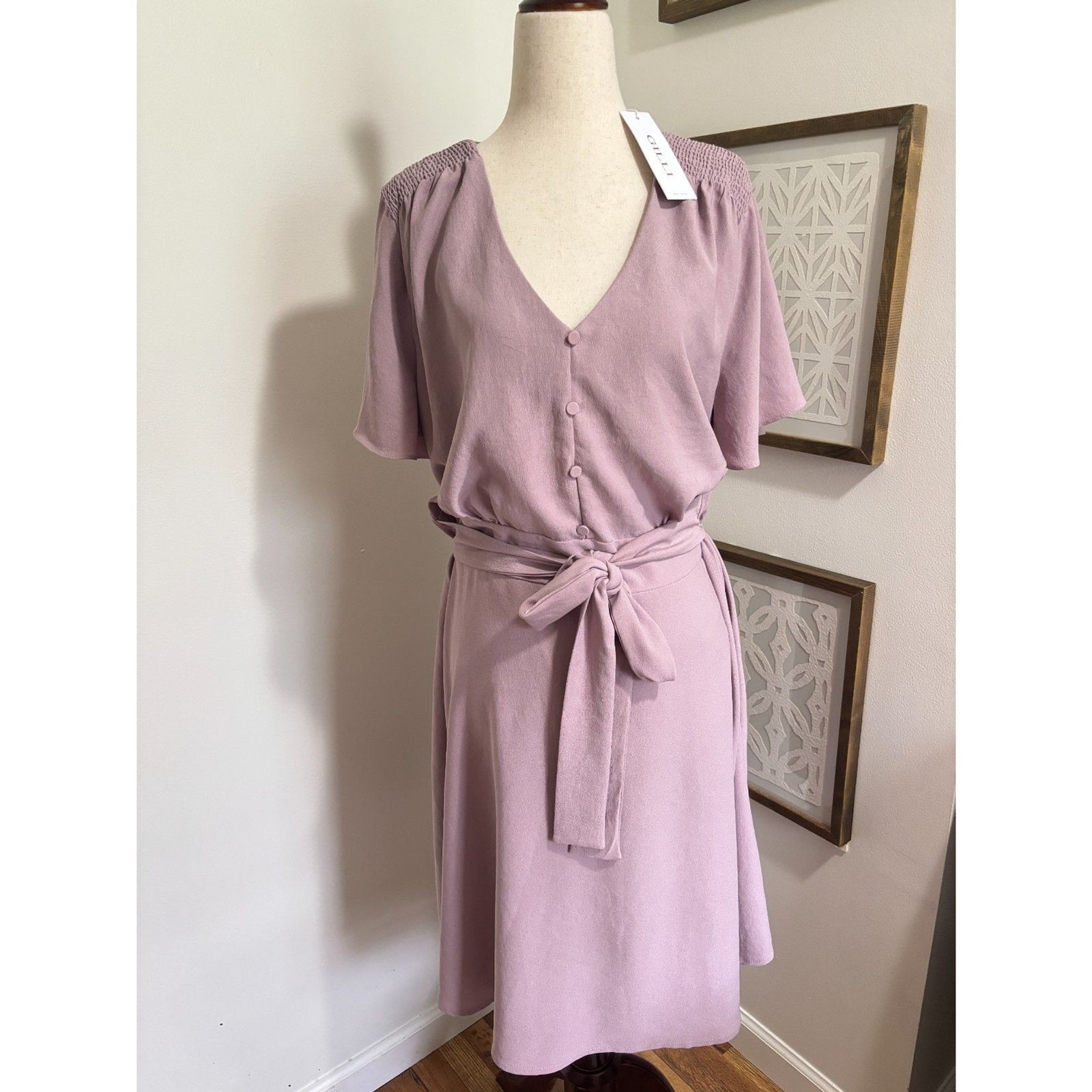 Gilli 2X Mauve Wrap Dress NWT Tie Waist Button Front Romantic Boho Brunch