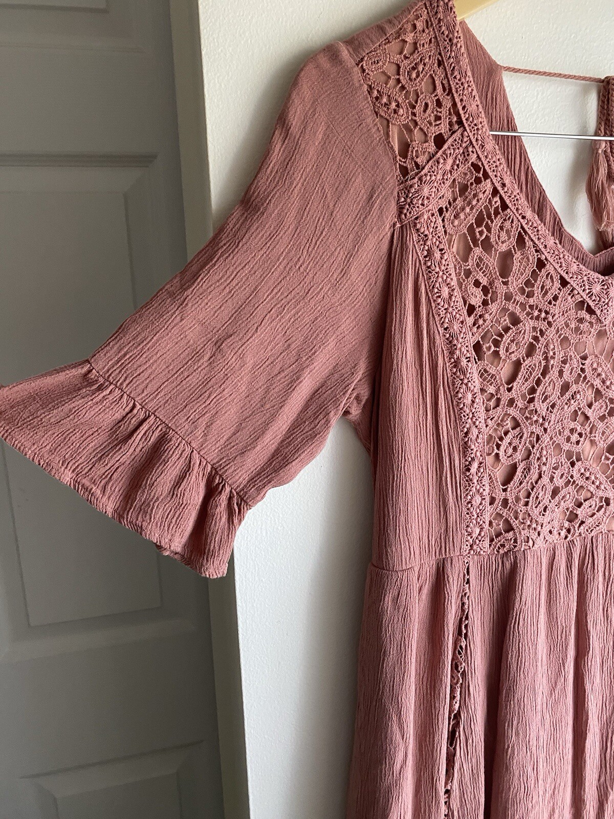 Maurice’s Dusty Rose Lace Mini 3/4 Ruffle Sleeve Dress Gauze Fit & Flare Boho