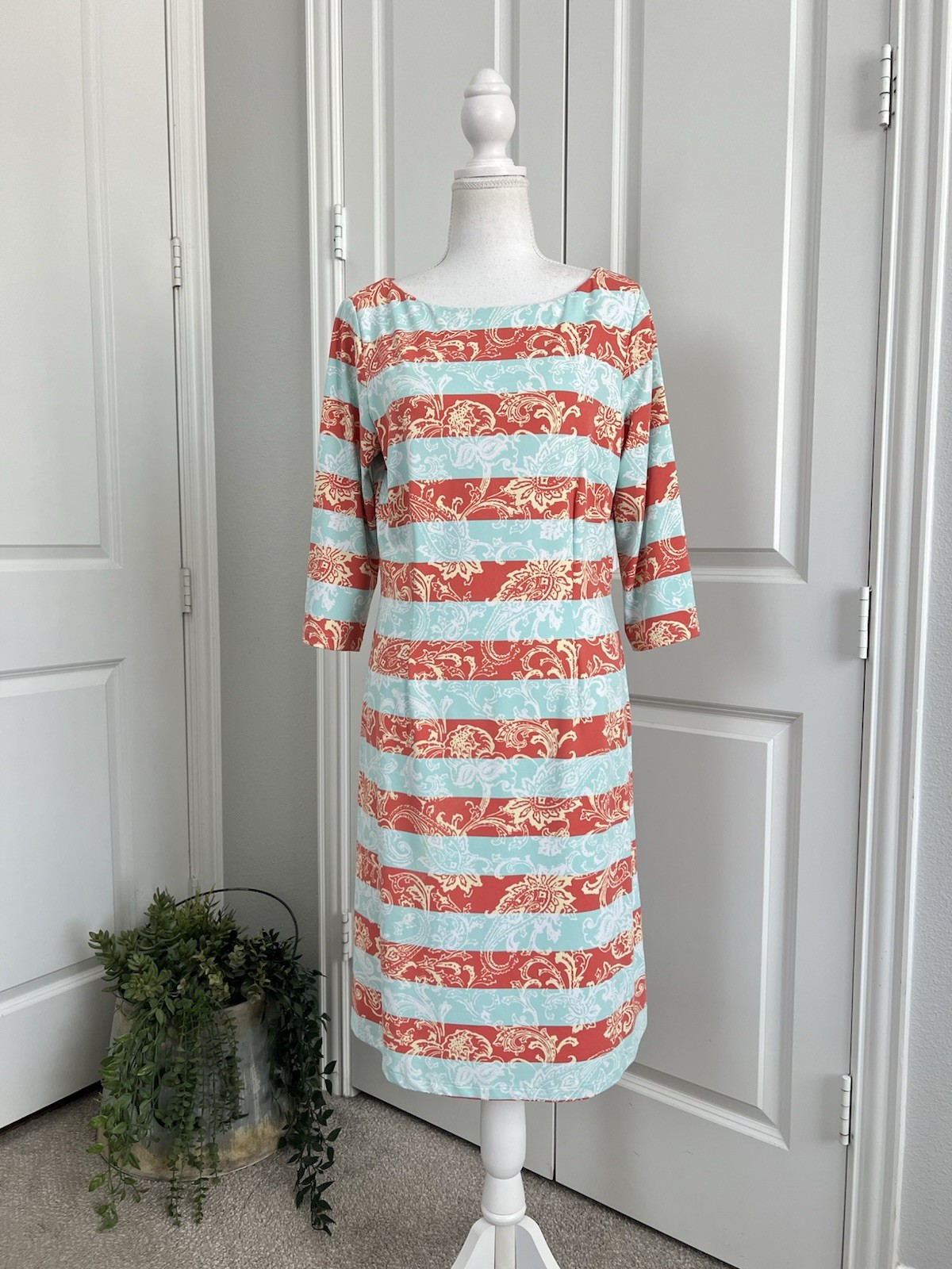 J.Mclaughlin Catalina Cloth Blue&Orange Paisley Stripe Stretch Shift Dress Sz M