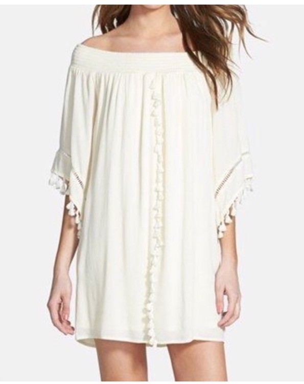 Love Fire Dress Tassel Bell Sleeve Off Shoulder Bohemian Ivory M Gauzy Material